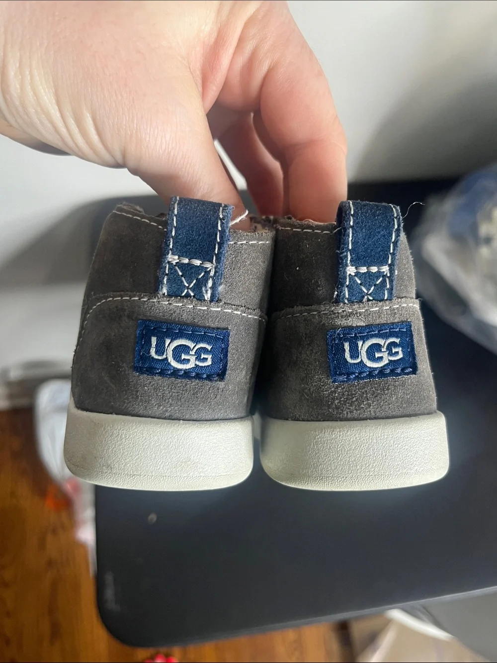 UGG Kids Gray Suede Ankle Boots with Blue Accents